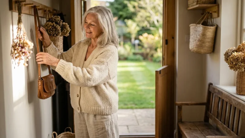 An older woman in a sunlit room smiles as she prepares to head out for the day, symbolizing senior independence and mobility.
