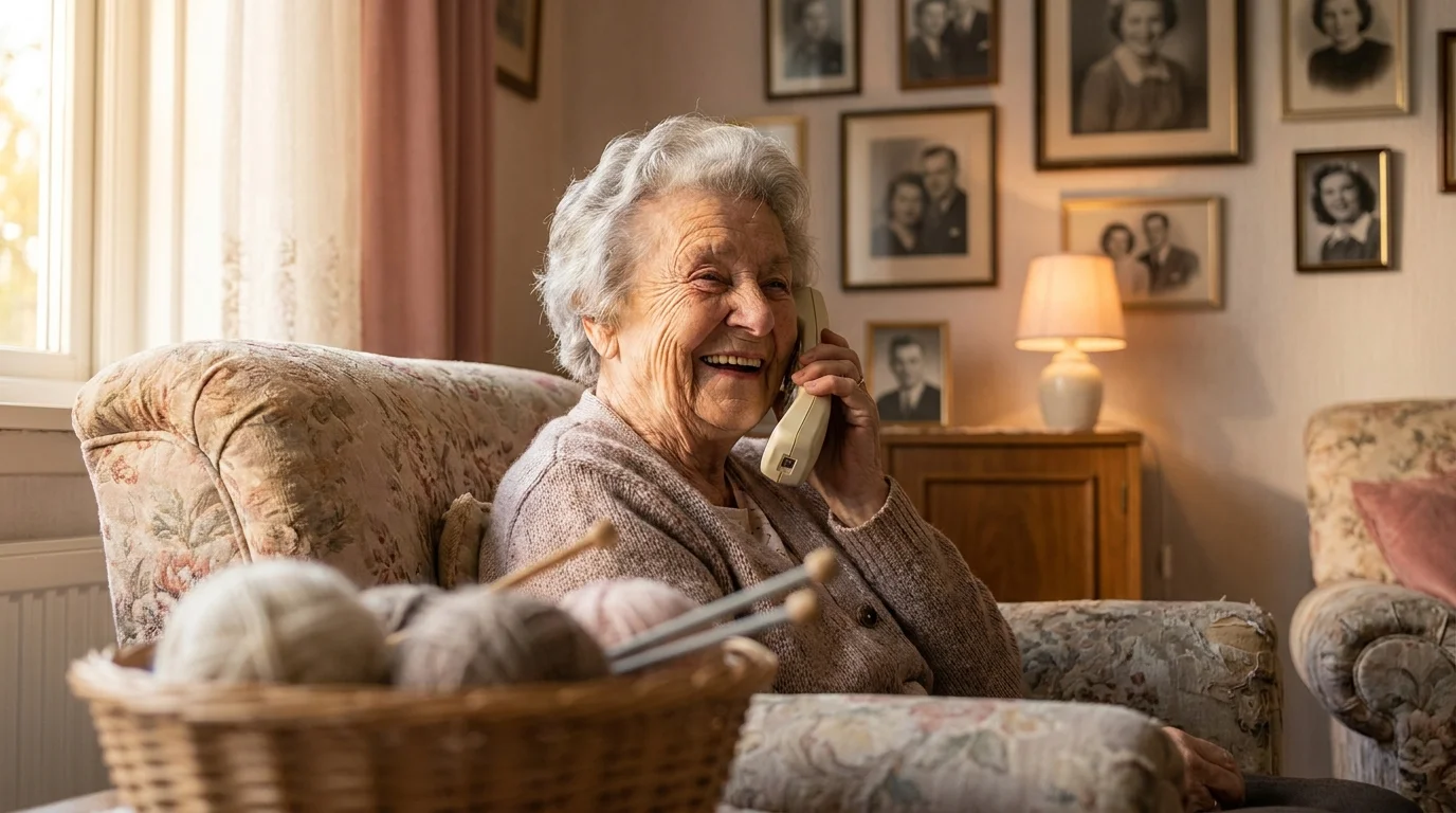 An older woman laughing while talking on the telephone, illustrating the emotional benefit of reassurance programs.