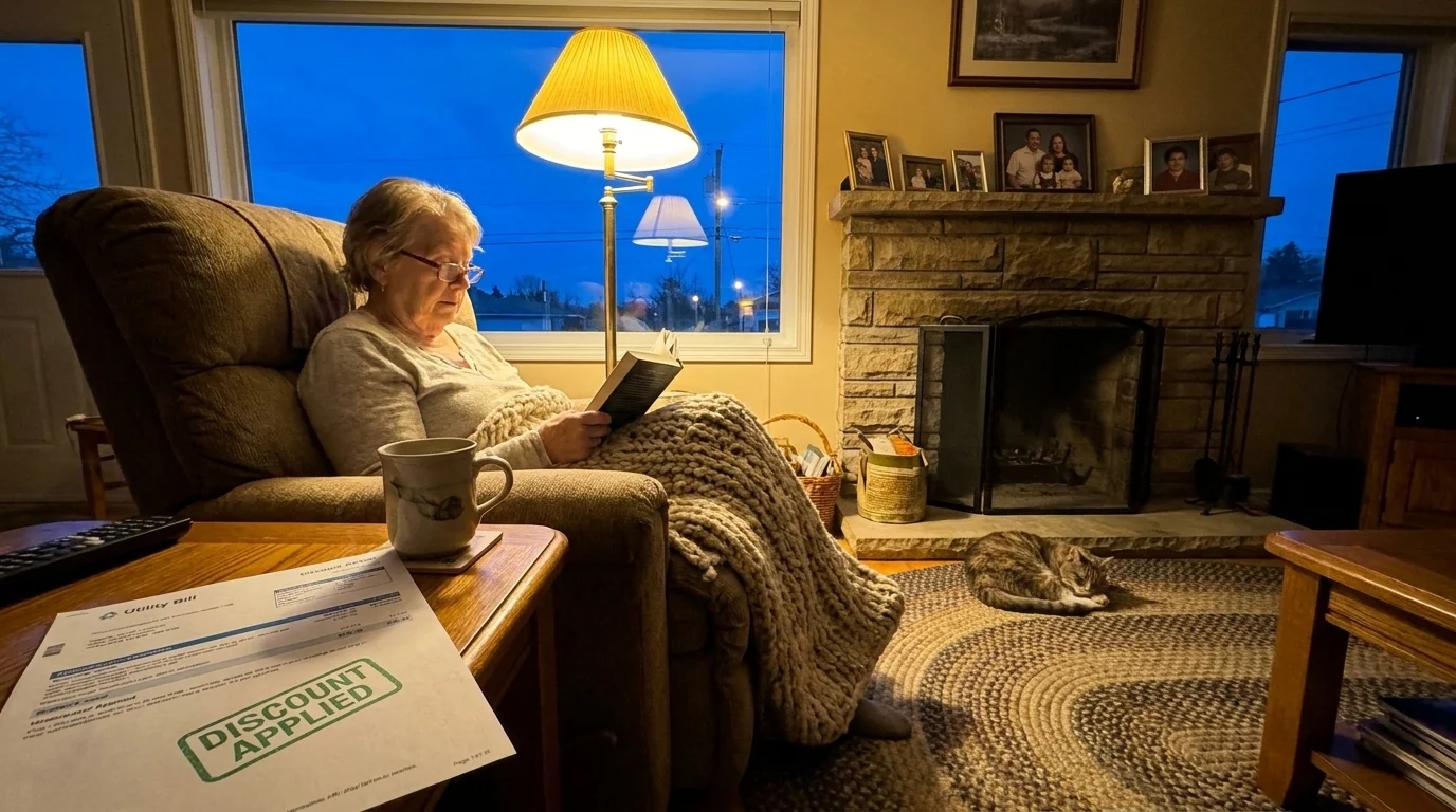 An older woman reads comfortably in a warm living room with a discounted utility bill on the side table.