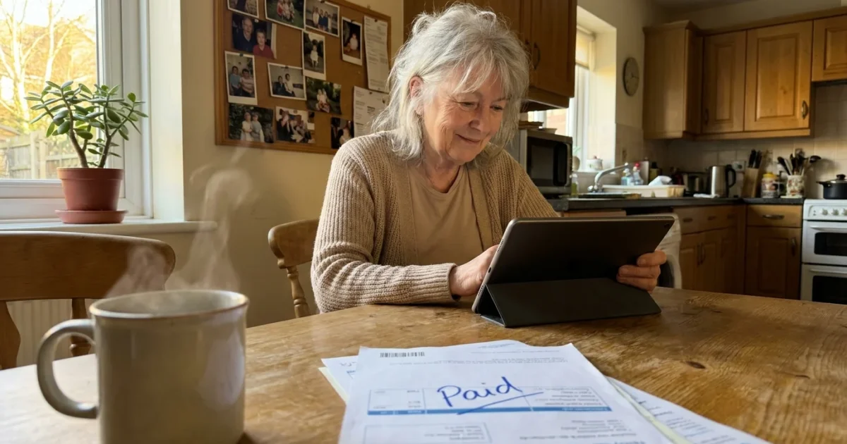 An older woman sits at her kitchen table looking at a tablet with relief, with a stack of bills and a warm mug nearby.