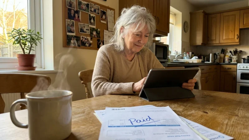 An older woman sits at her kitchen table looking at a tablet with relief, with a stack of bills and a warm mug nearby.