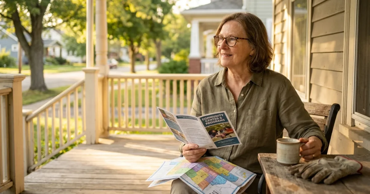 An older woman sits on her porch smiling while looking over a local community benefits brochure in the golden evening light.