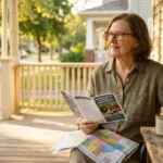 An older woman sits on her porch smiling while looking over a local community benefits brochure in the golden evening light.