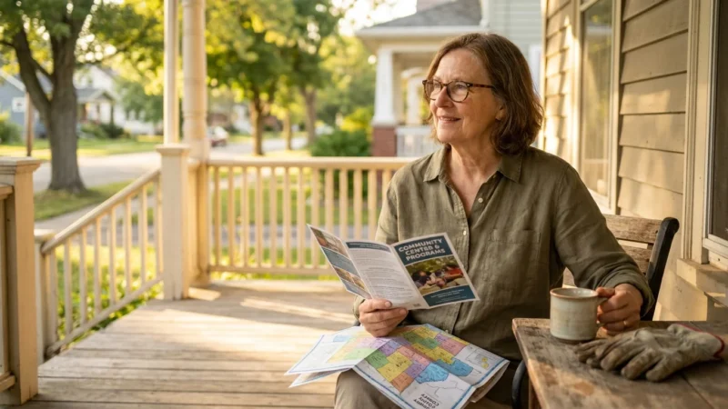 An older woman sits on her porch smiling while looking over a local community benefits brochure in the golden evening light.