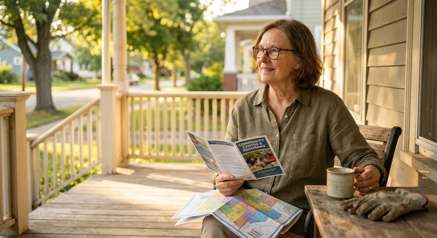 An older woman sits on her porch smiling while looking over a local community benefits brochure in the golden evening light.