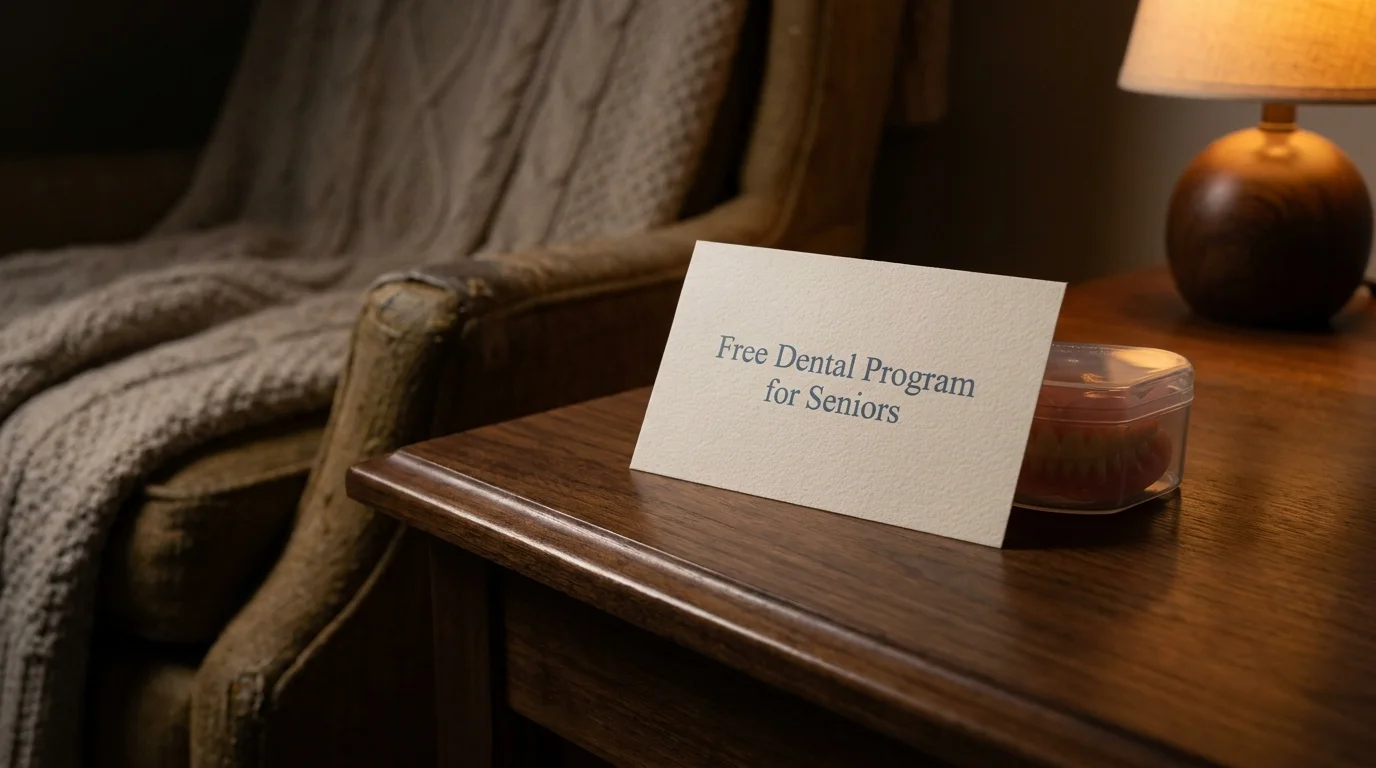 Close-up of a dental appointment card and dentures on a wooden table, symbolizing access to free national dental programs.