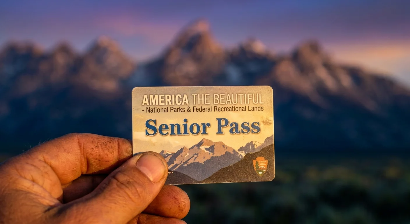 Close-up of a hand holding a National Parks Senior Pass against a blurred mountain background.