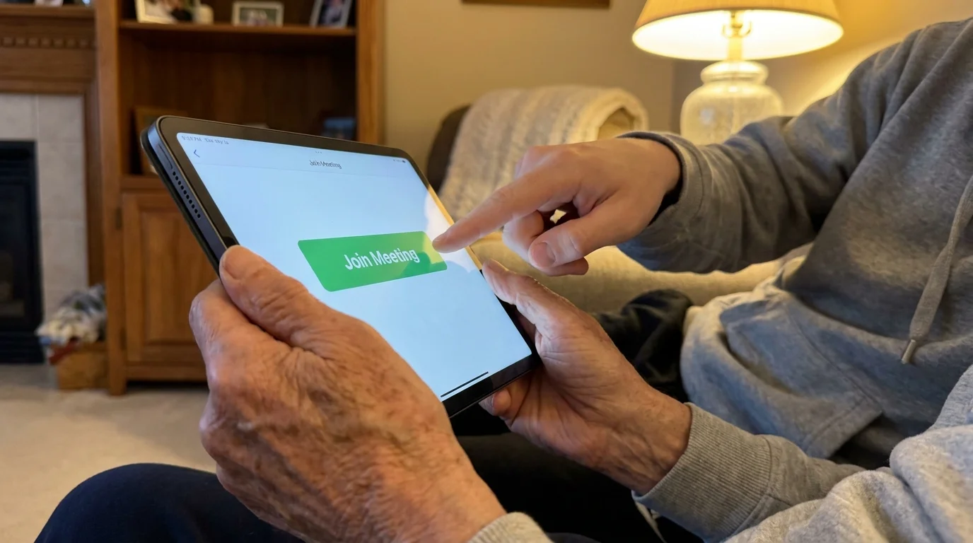 Close-up of a senior holding a tablet while a younger person points to a 'Join Meeting' button.