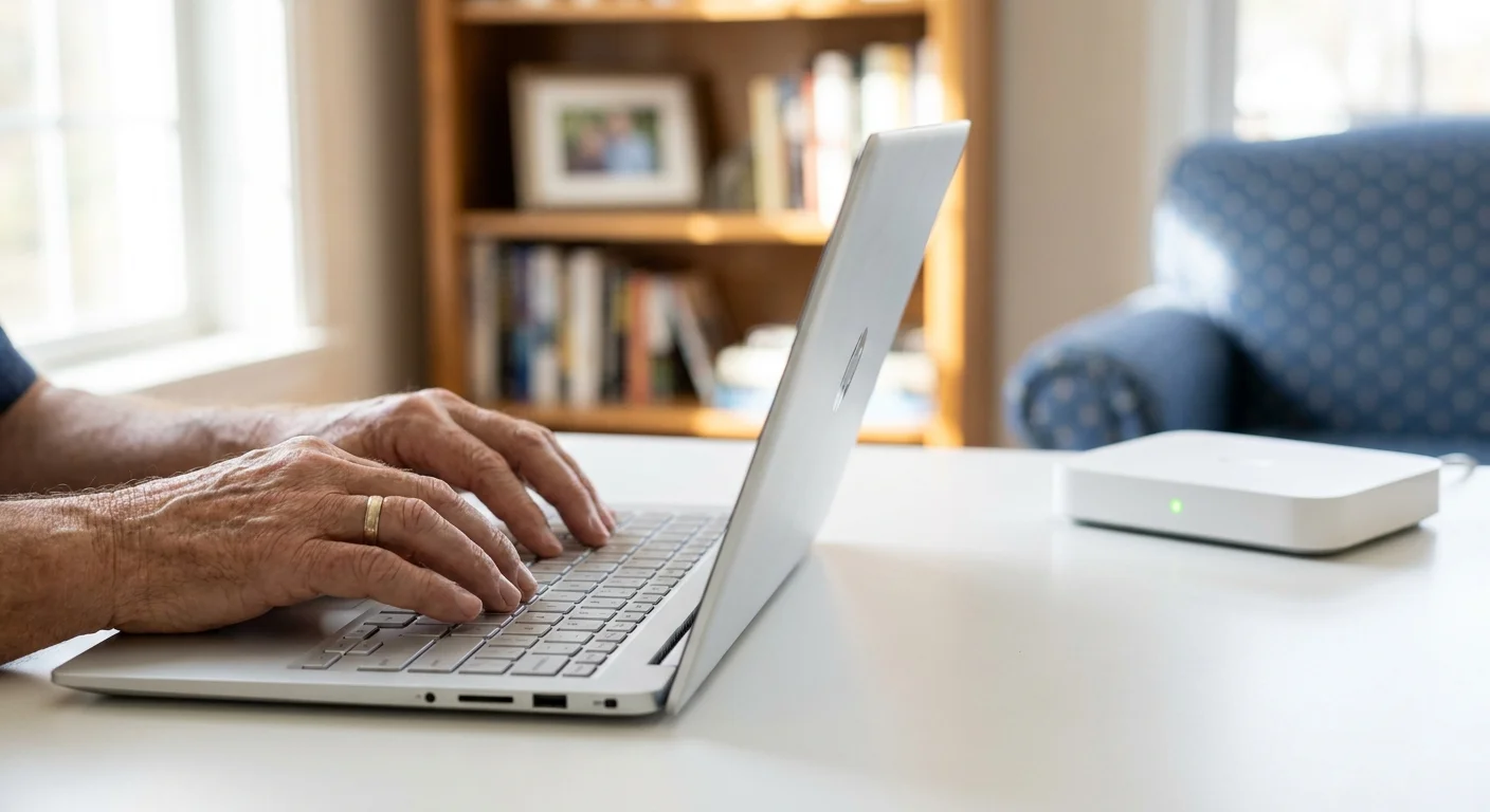 Close-up of a senior person's hands on a laptop keyboard in a bright, sunlit home office.