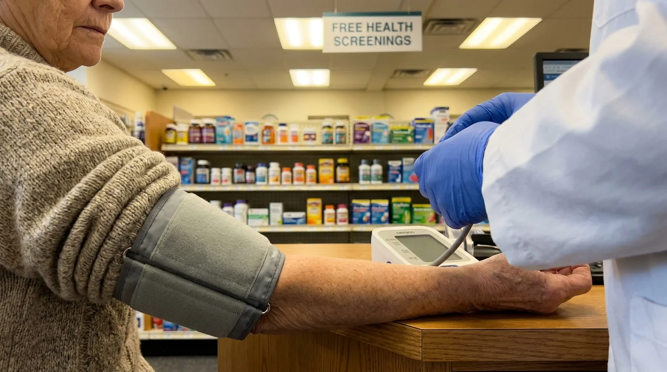 Close-up of a senior receiving a blood pressure screening at a grocery store pharmacy counter.