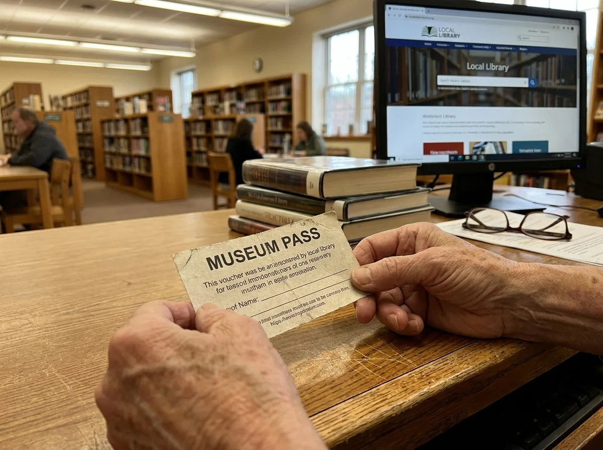 Close-up of a senior's hands holding a printed library museum pass at a wooden library counter.