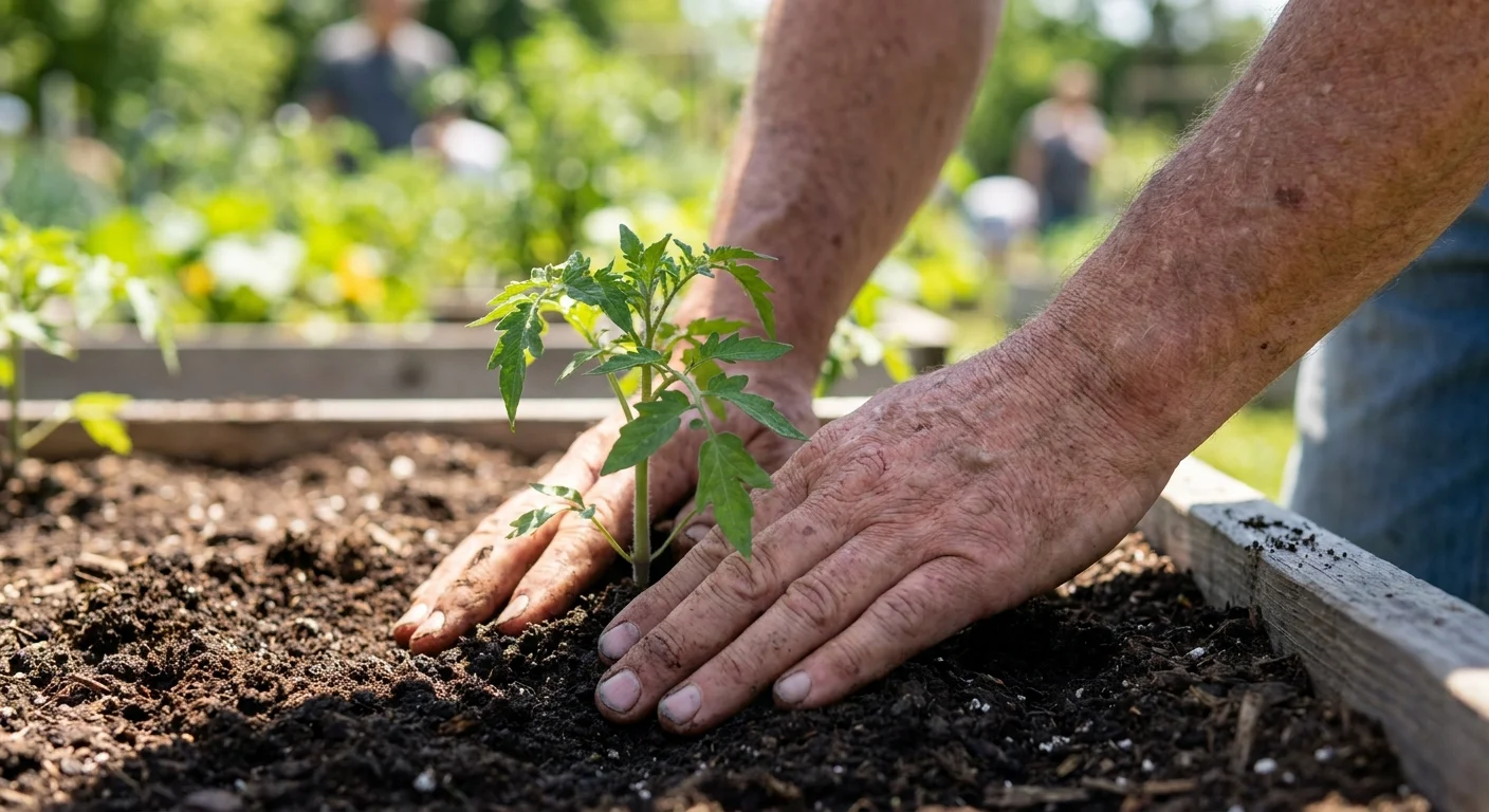 Close-up of a senior's hands planting a seedling in a community garden bed.