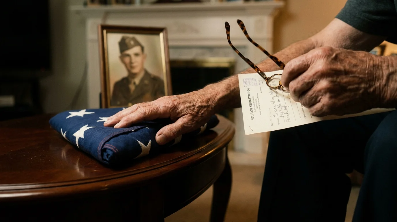 Close-up of a veteran's hands resting on a folded flag and paperwork at home, symbolizing service-based tax benefits.