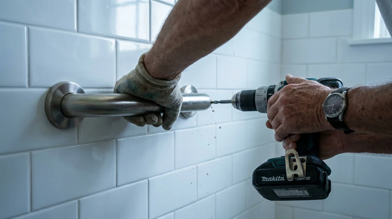 Close-up of a volunteer's hands installing a silver grab bar in a tiled bathroom.