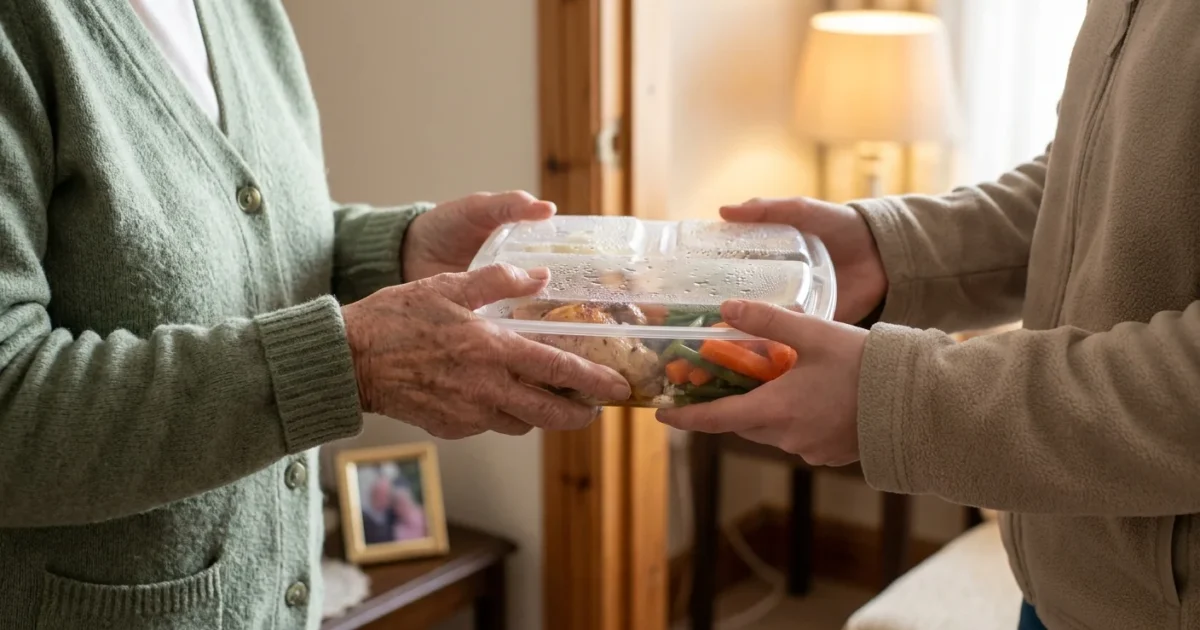Close-up photograph of a volunteer handing a nutritious, warm meal to an older adult at their doorstep in soft morning light.