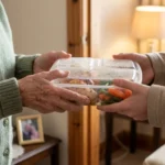 Close-up photograph of a volunteer handing a nutritious, warm meal to an older adult at their doorstep in soft morning light.
