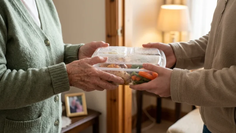 Close-up photograph of a volunteer handing a nutritious, warm meal to an older adult at their doorstep in soft morning light.
