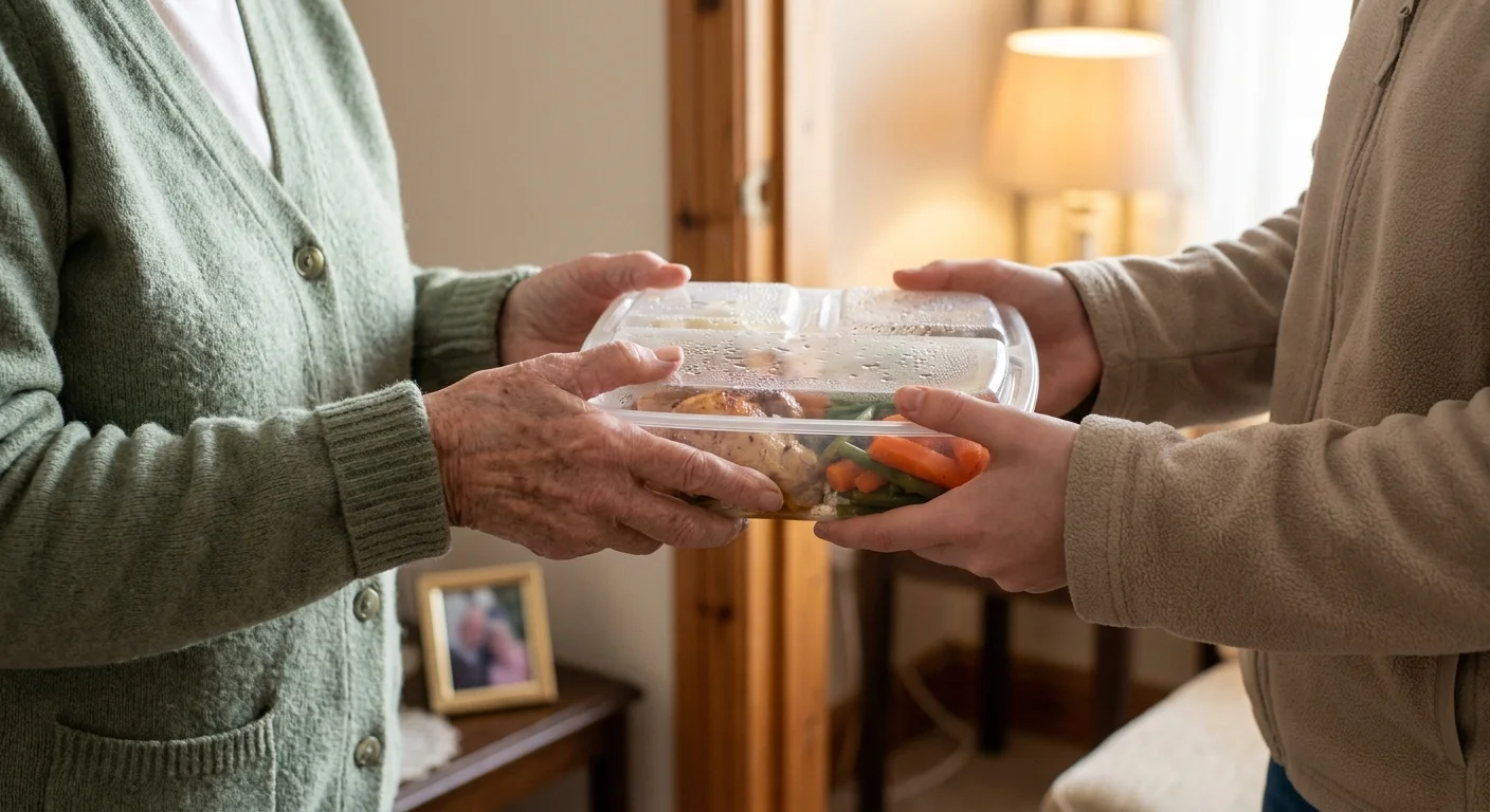Close-up photograph of a volunteer handing a nutritious, warm meal to an older adult at their doorstep in soft morning light.