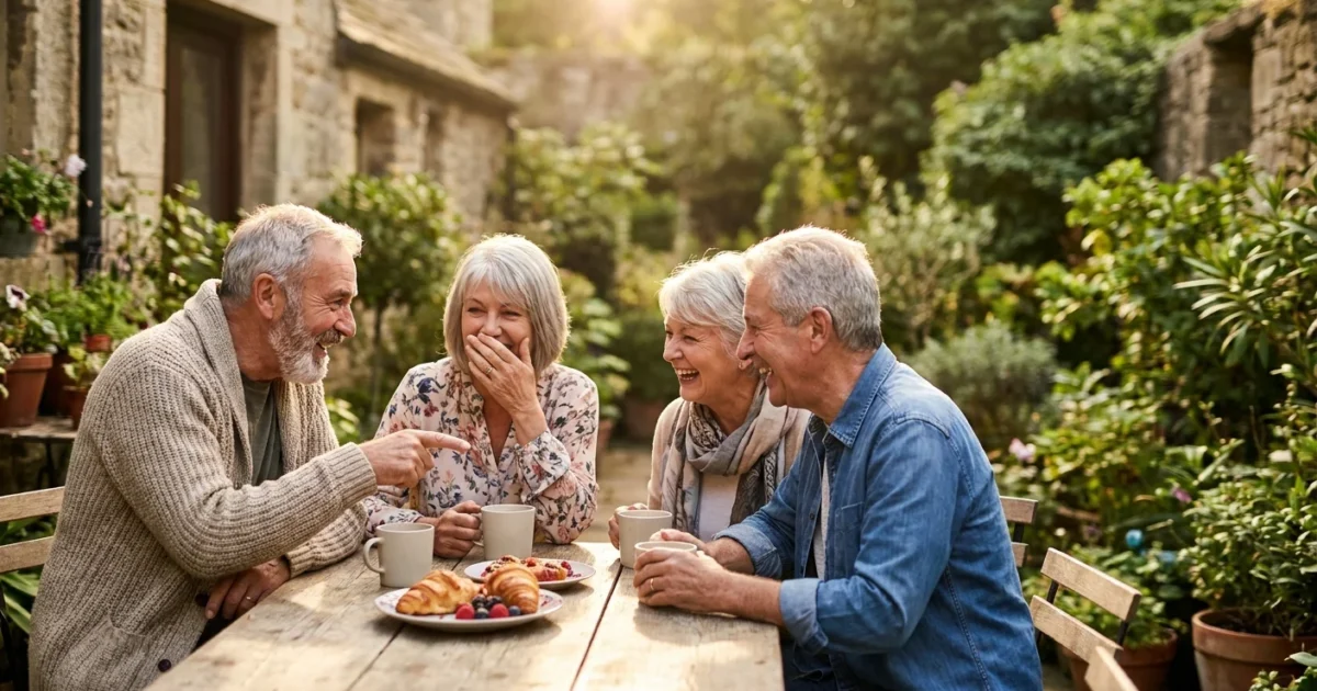 Four older adults laughing together around a patio table during a morning social gathering.