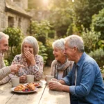 Four older adults laughing together around a patio table during a morning social gathering.