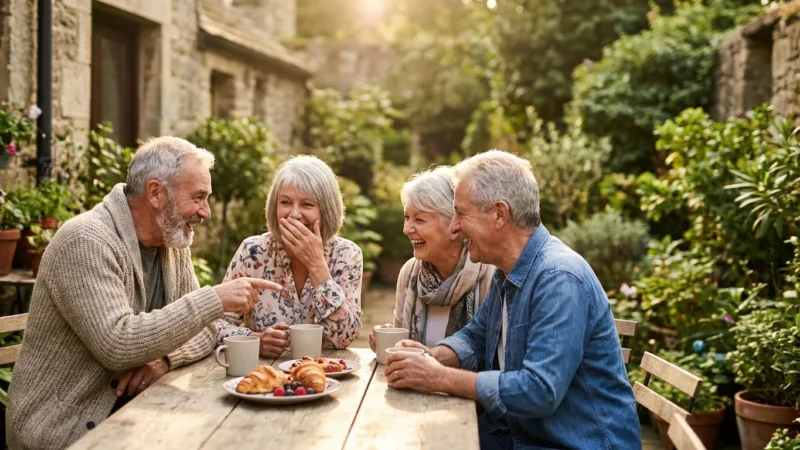 Four older adults laughing together around a patio table during a morning social gathering.