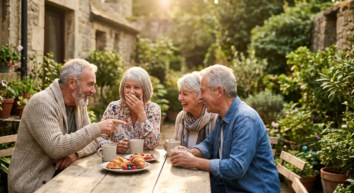 Four older adults laughing together around a patio table during a morning social gathering.