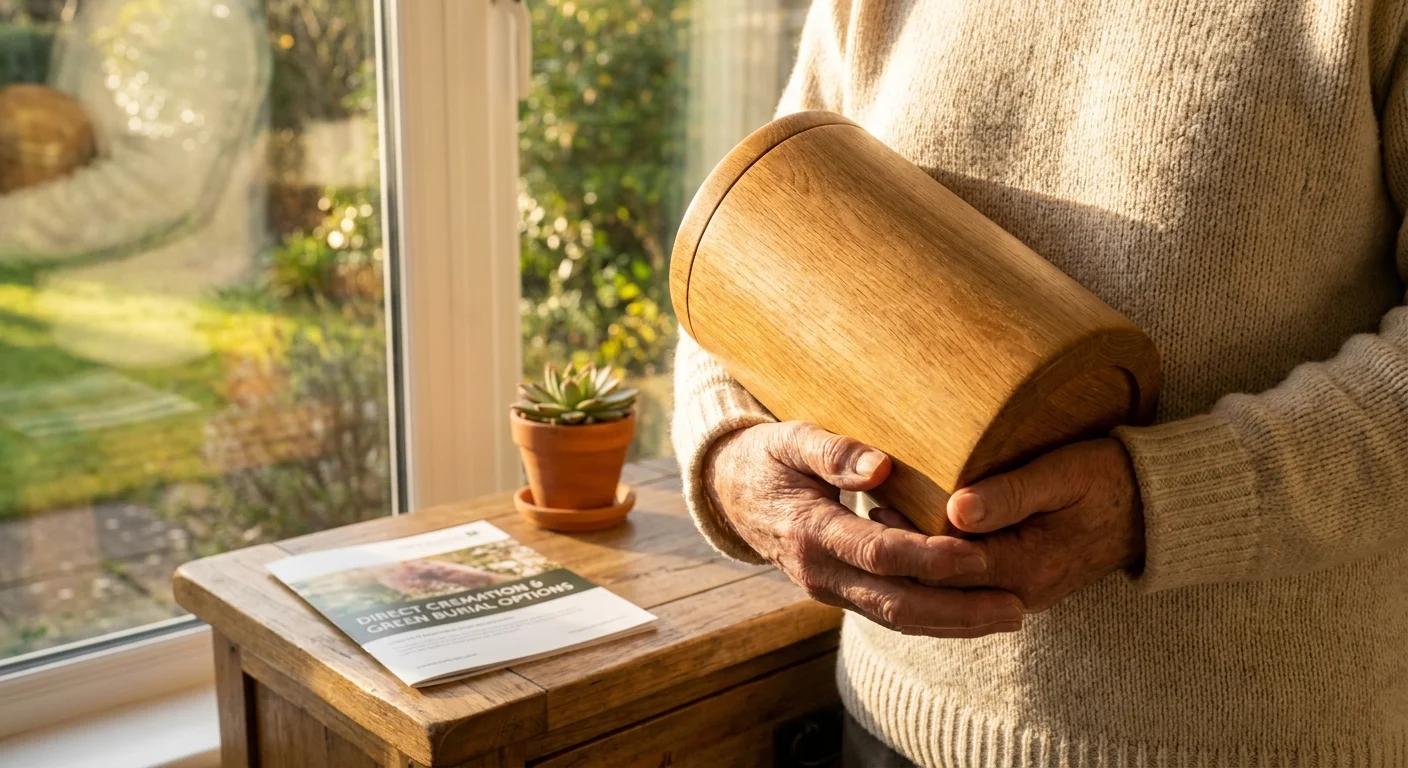 Hands holding a simple wooden urn next to a brochure about direct cremation and green burial options.