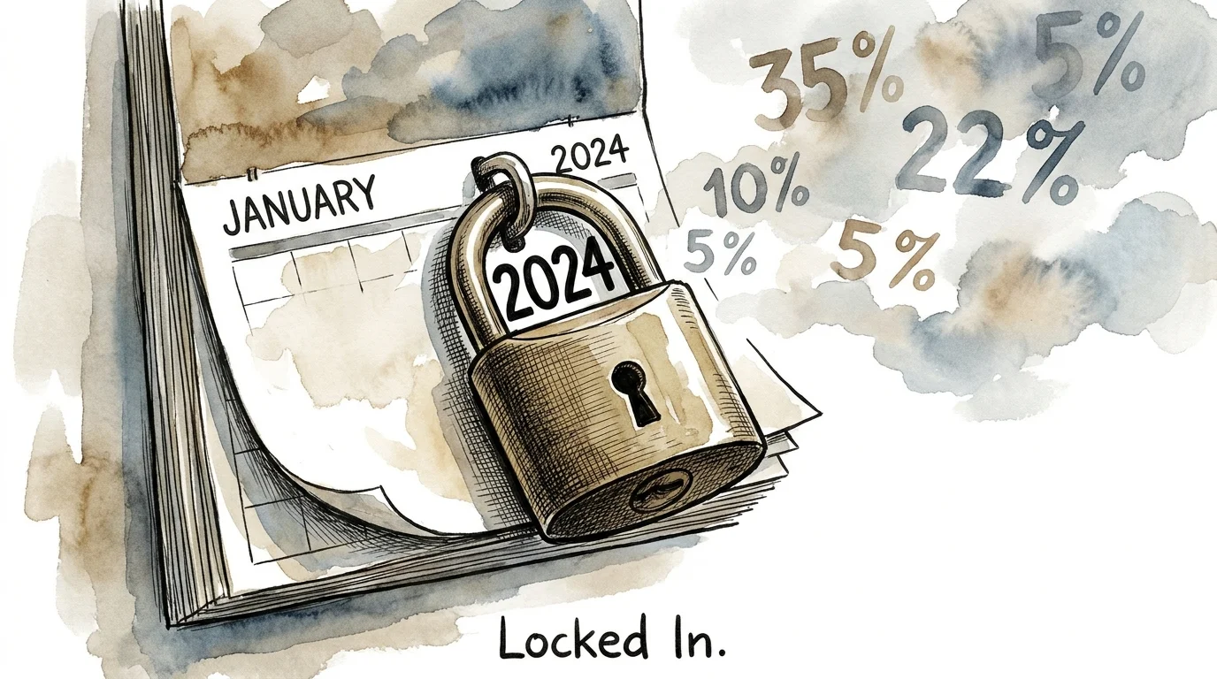 Illustration of a brass lock on a calendar page, symbolizing the locking in of a property tax rate.