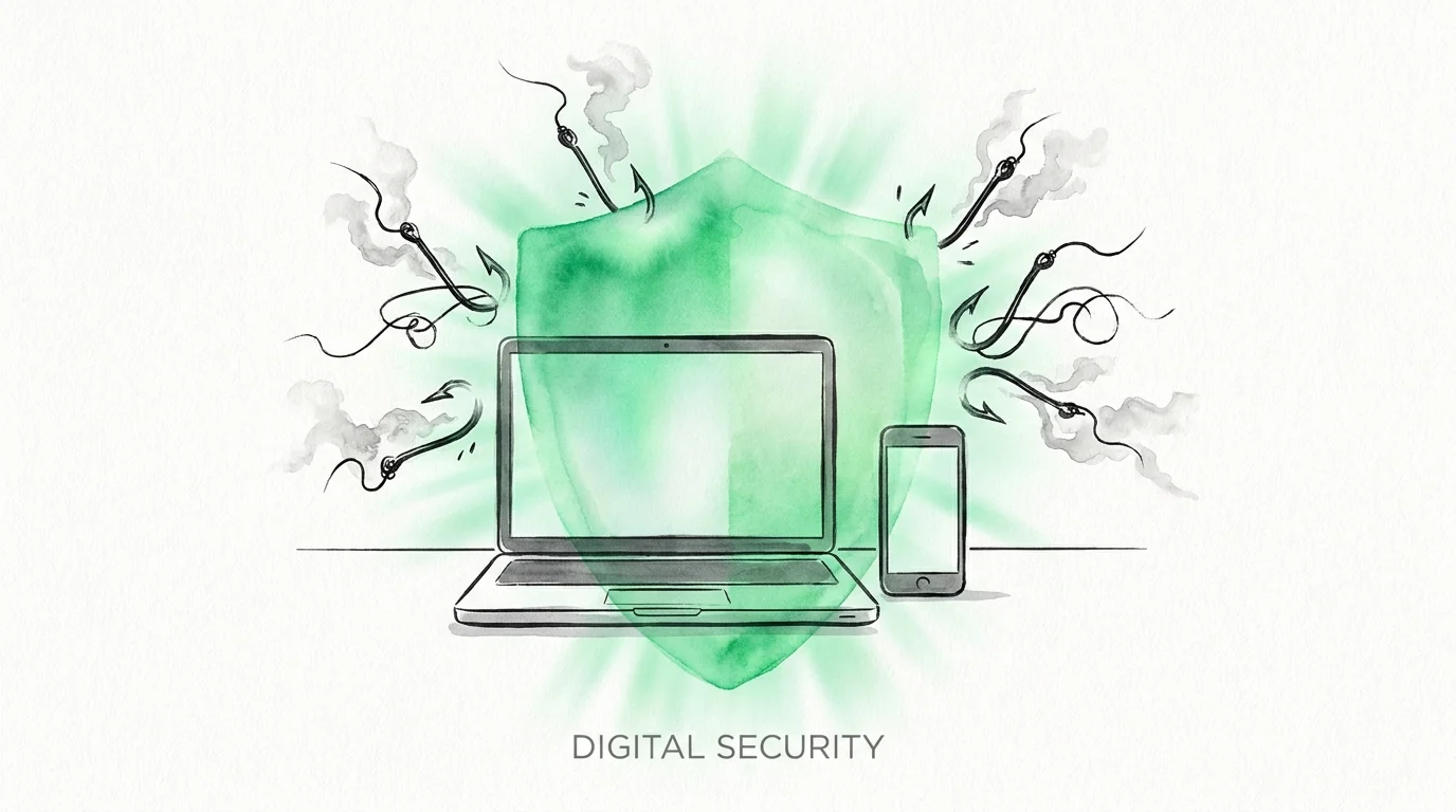 Illustration of a green shield protecting a laptop and phone from dark fishing hooks, symbolizing scam protection.