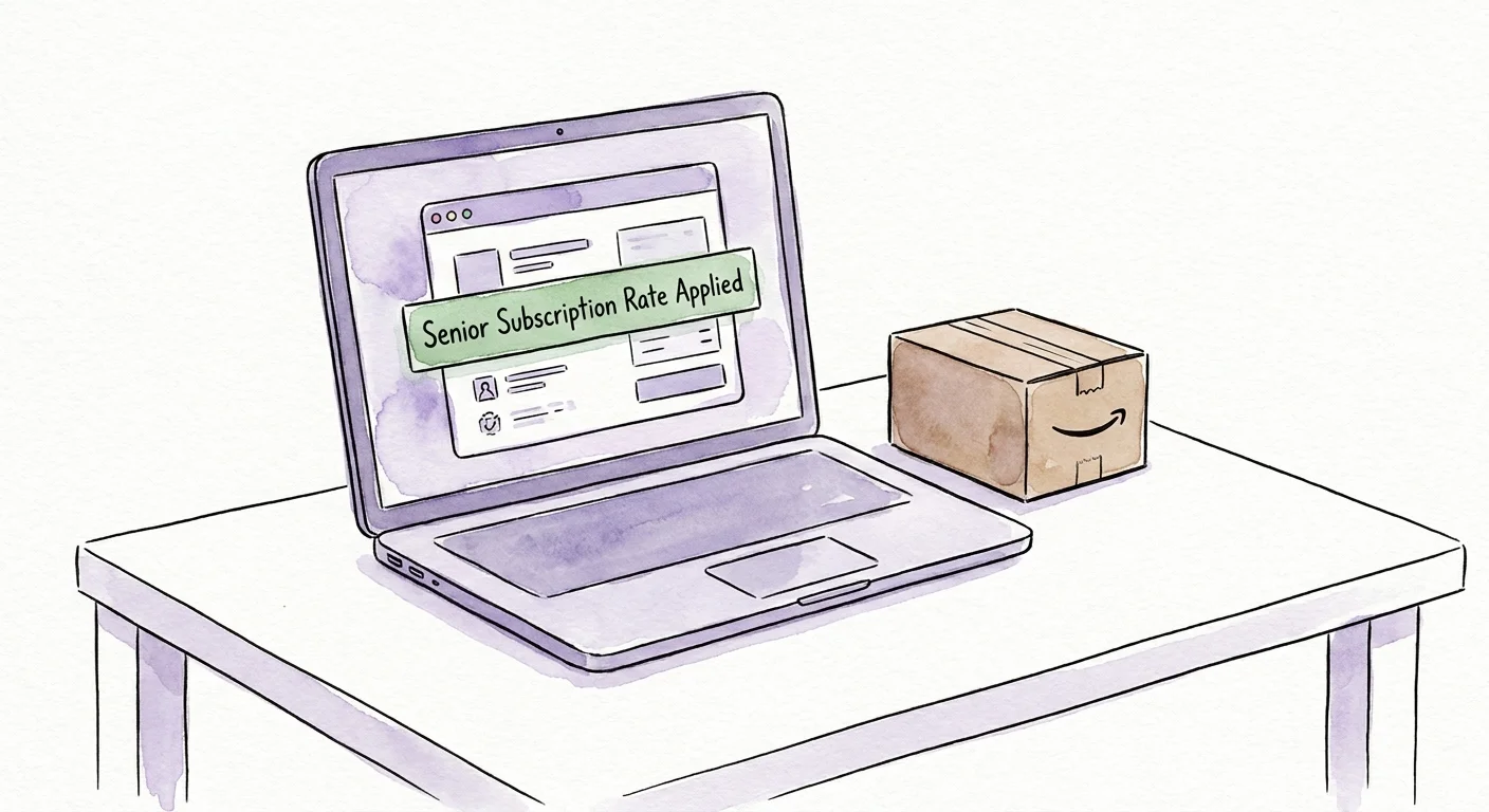 Illustration of a laptop screen showing a senior discount applied to a digital subscription.