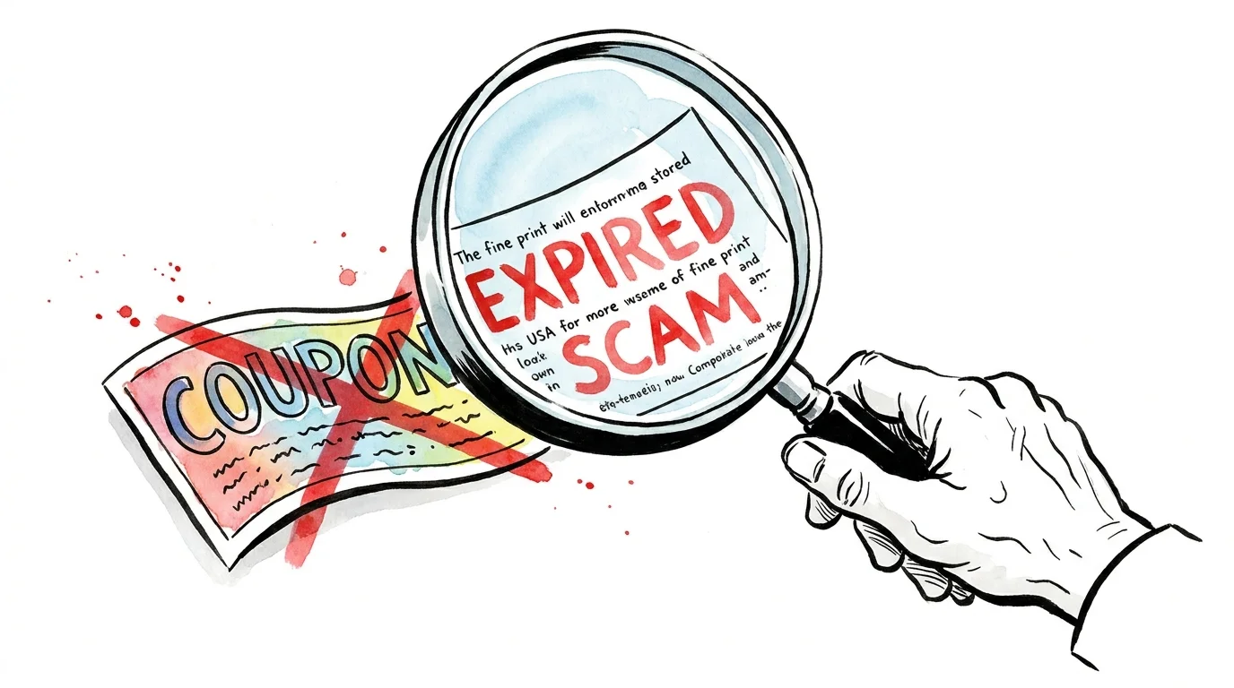Illustration of a magnifying glass inspecting a grocery coupon with a red X, symbolizing scam prevention.