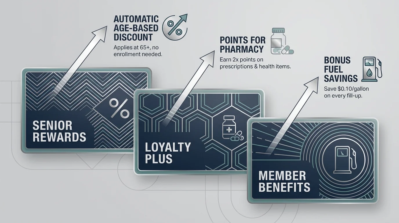 Infographic showing three different grocery loyalty cards with labels for senior-specific rewards and discounts.