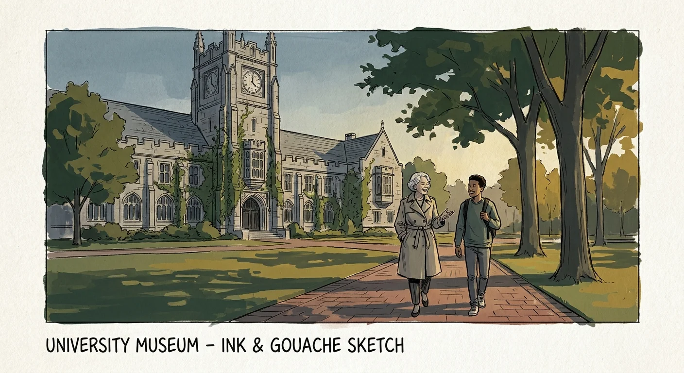 Ink and gouache illustration of a senior and a student walking near a historic university museum building.