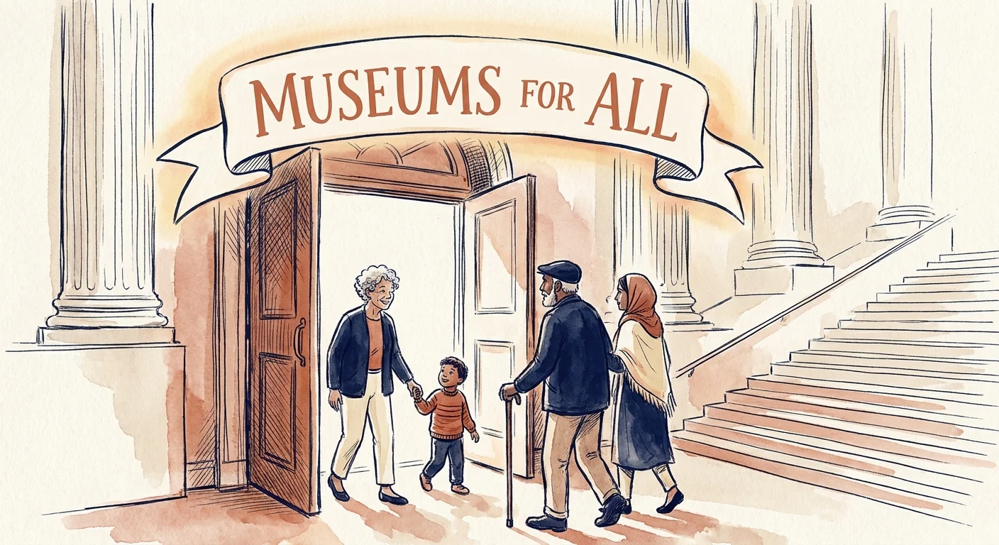 Ink and watercolor drawing of people entering a museum under a 'Museums for All' sign.