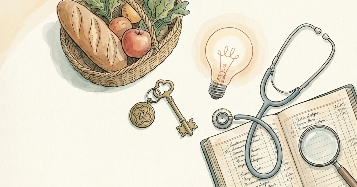 Ink and watercolor illustration of a house key, a grocery basket, a lightbulb, and a stethoscope on a cream paper background.