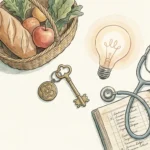 Ink and watercolor illustration of a house key, a grocery basket, a lightbulb, and a stethoscope on a cream paper background.
