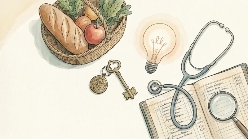 Ink and watercolor illustration of a house key, a grocery basket, a lightbulb, and a stethoscope on a cream paper background.