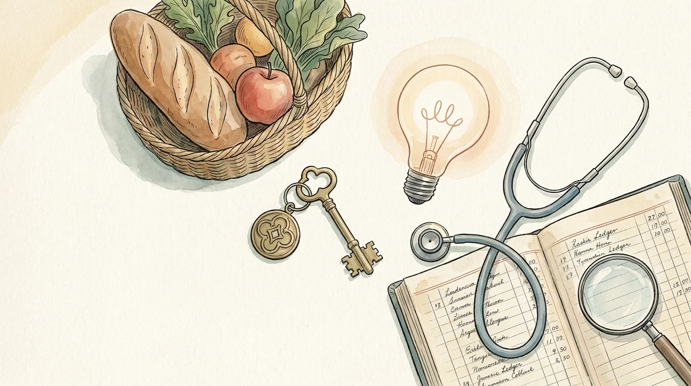 Ink and watercolor illustration of a house key, a grocery basket, a lightbulb, and a stethoscope on a cream paper background.