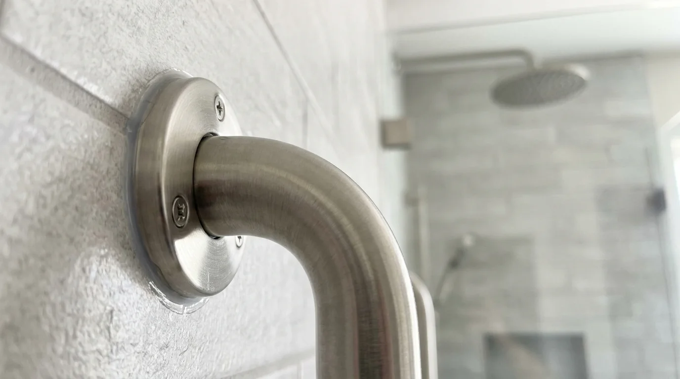 Macro photo of a newly installed bathroom grab bar, representing home accessibility improvements that may qualify for tax relief.