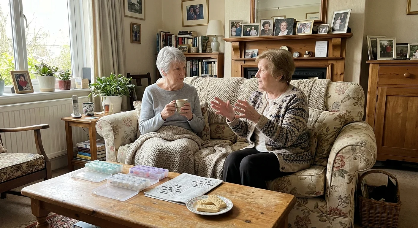 Two senior women chatting over tea in a comfortable living room, representing the companionship and support of aging in place.