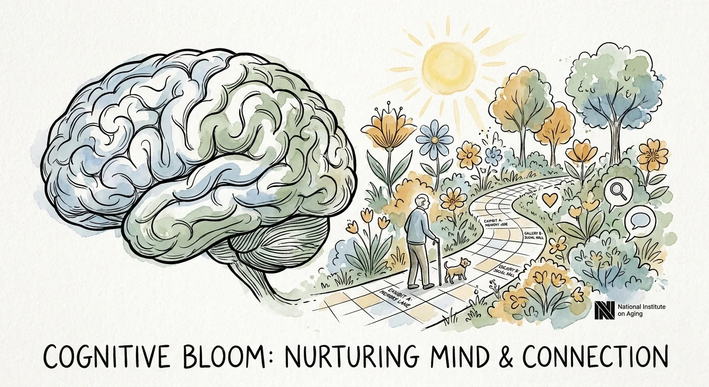 Watercolor illustration of a brain turning into a museum garden, symbolizing cognitive health and social engagement.