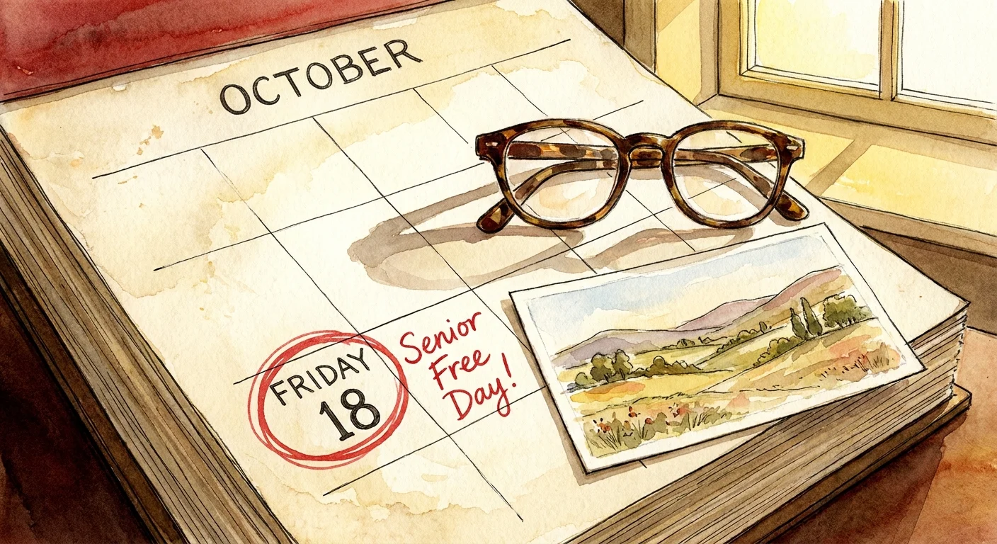 Watercolor illustration of a calendar with 'Senior Free Day!' circled in red, next to a pair of glasses.