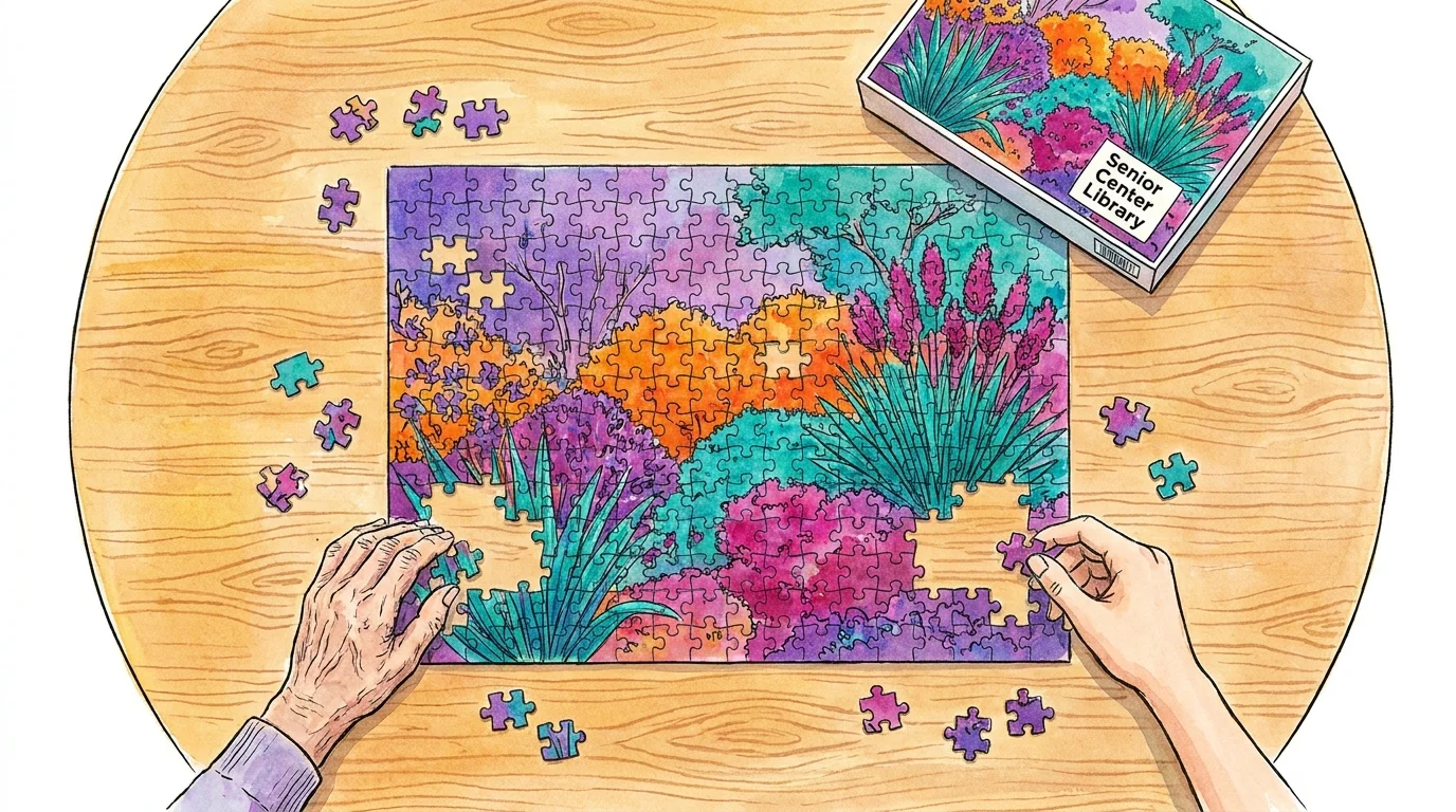 Watercolor illustration of a grandmother and grandchild working together on a colorful borrowed jigsaw puzzle.