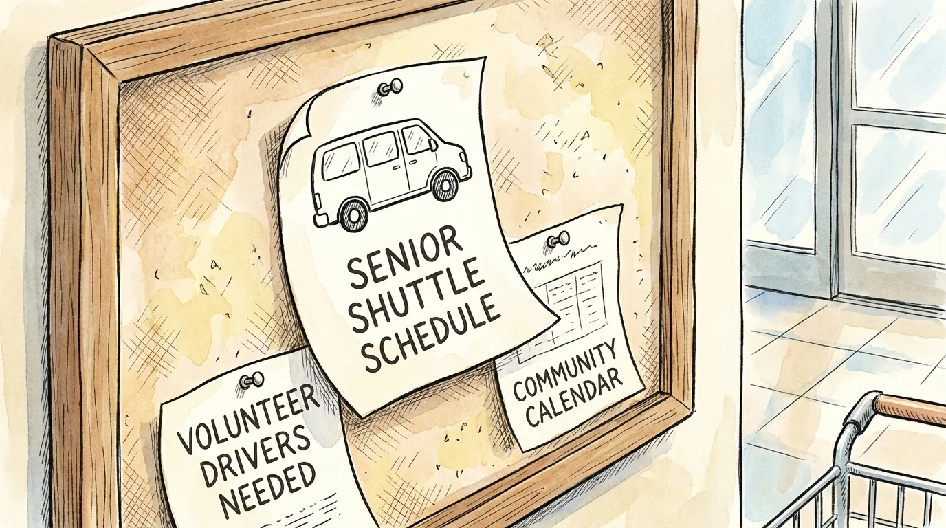 Watercolor illustration of a grocery store community board with flyers for senior shuttles and transportation.