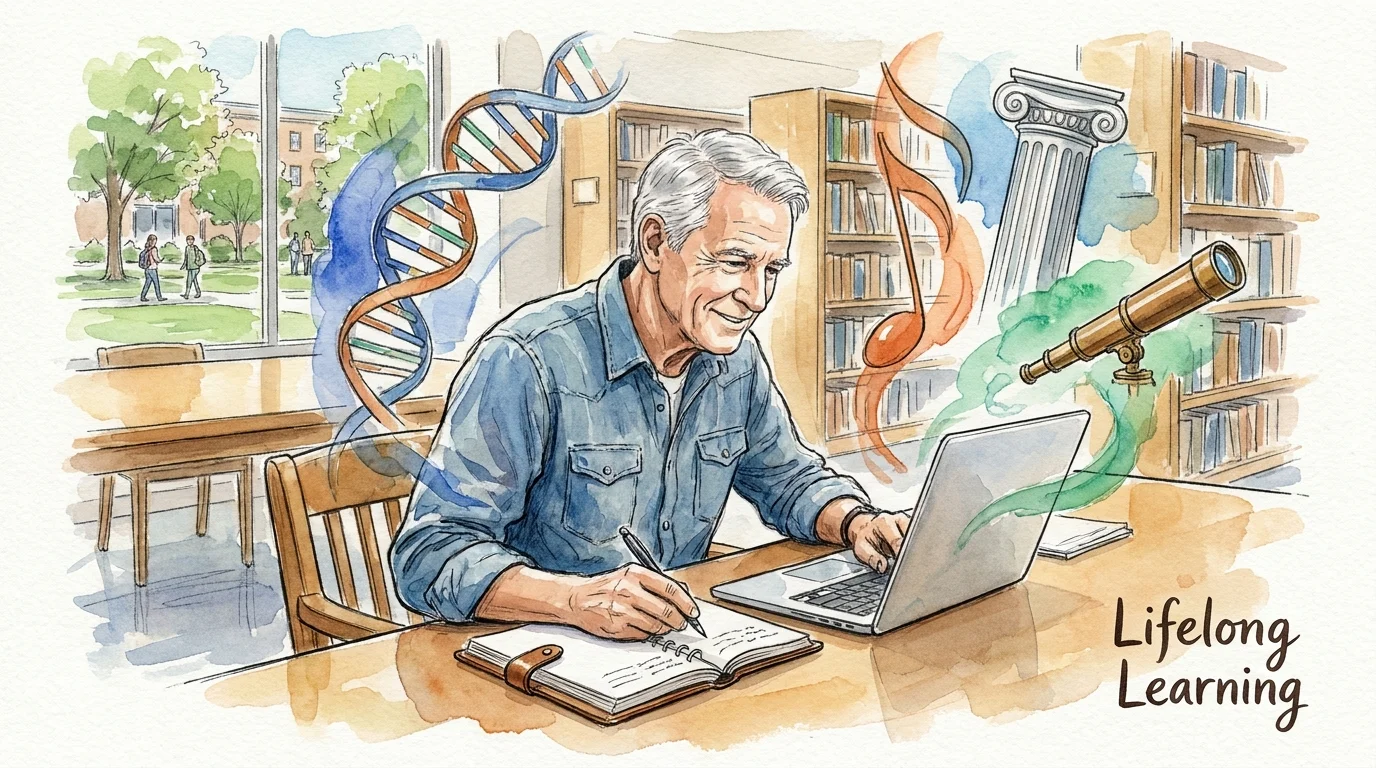 Watercolor illustration of a senior man happily studying at a library, surrounded by symbols of science and art.