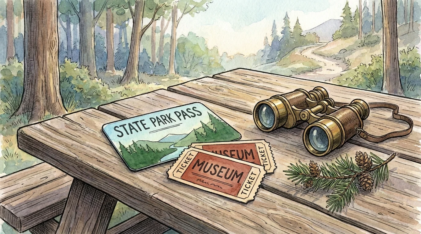 Watercolor illustration of a state park pass and museum tickets on a wooden table with binoculars.