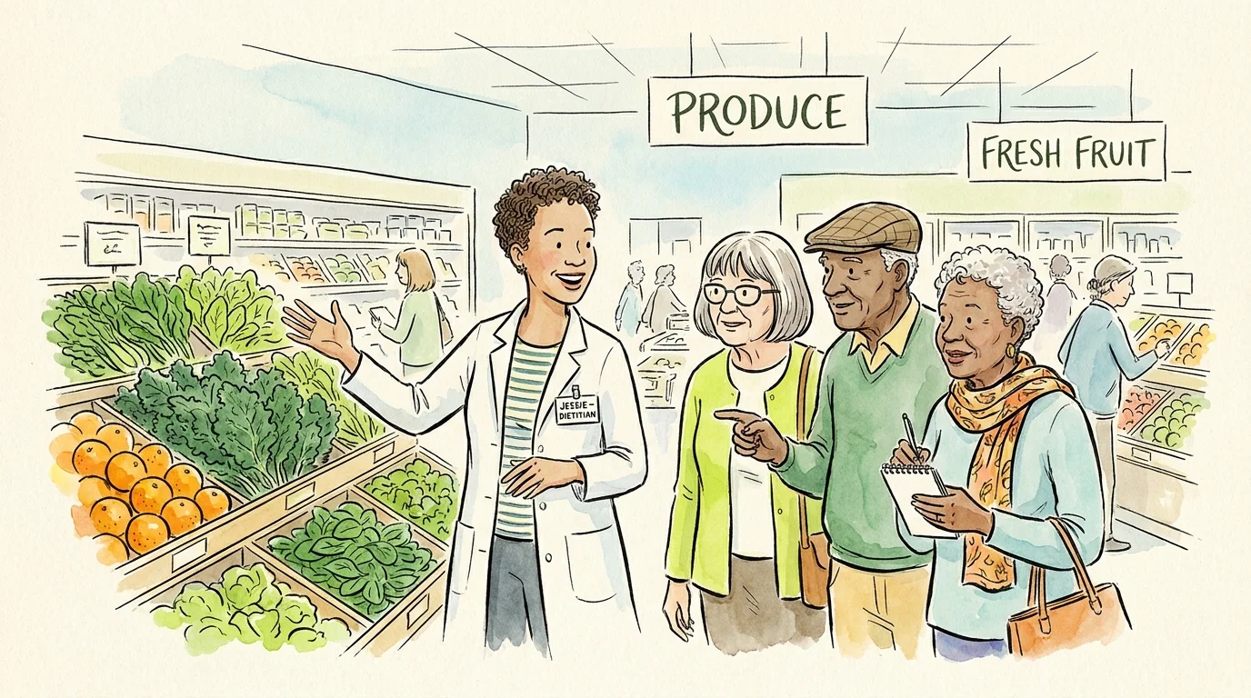 Watercolor illustration of a store dietitian leading a small group of seniors through the produce department.