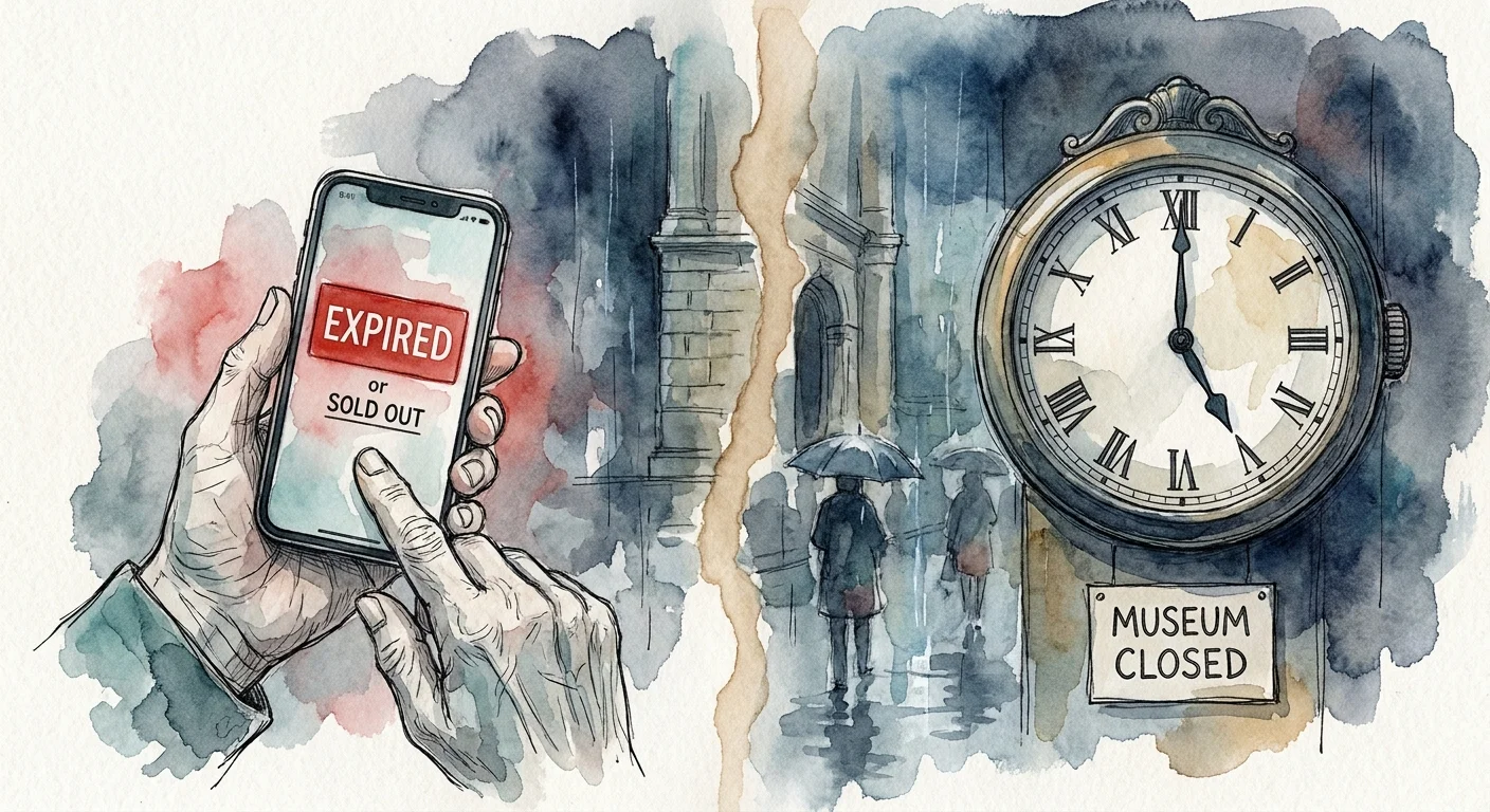 Watercolor illustration of an 'Expired' notice on a phone and a clock, representing common pass pitfalls.