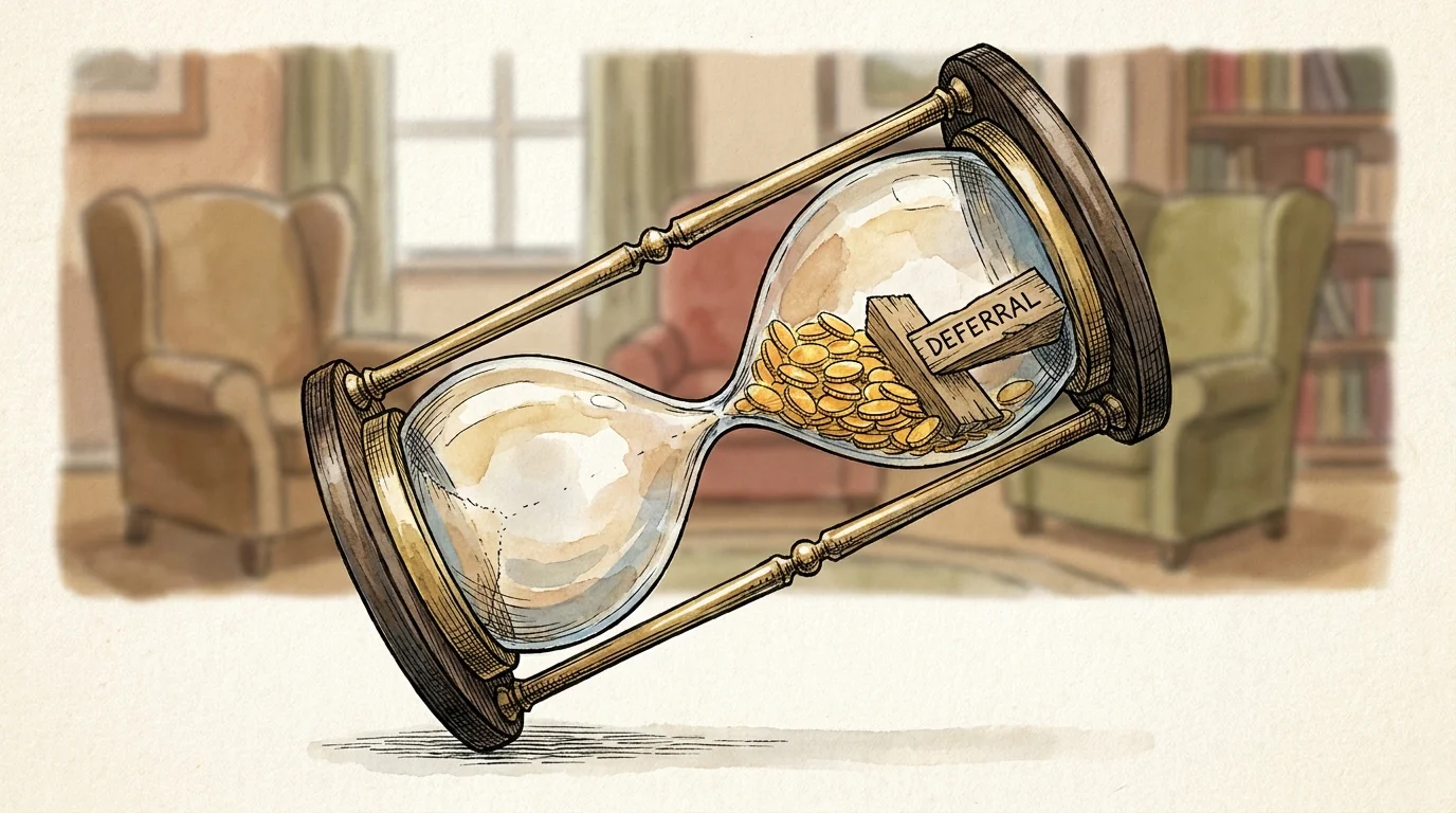 Watercolor illustration of an hourglass on its side, symbolizing the postponement of property tax payments.
