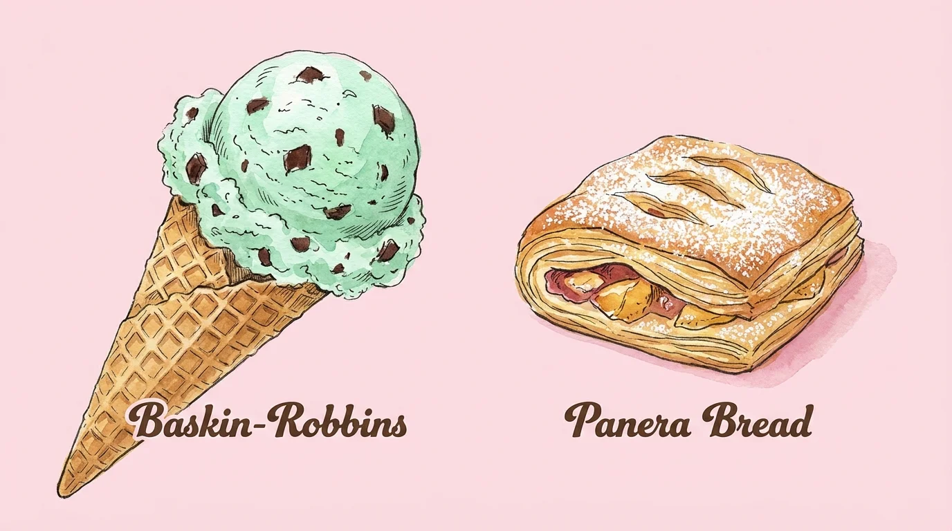 Watercolor illustration of an ice cream cone and a fruit pastry, labeled for Baskin-Robbins and Panera.